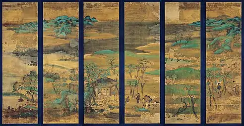 Paravent à décor de paysage. XIe – XIIe&nbsp;siècle. Couleurs, soie. 6 feuilles, ch. 146 x 42 cm. Milieu de l'époque Heian. Musée National de Kyoto.