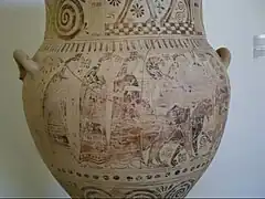 Amphore (B2652), VIIe&nbsp;siècle&nbsp;av. J.-C. Jugement de Paris (détail).