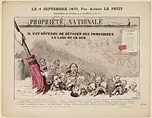 Caricature montrant les personnalités de l'empire poussées dans un caniveau par un énorme balai rouge.