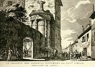 Entrée du couvent des capucins au XVIIIe&nbsp;siècle. Gravure de Julien-David Le Roy.