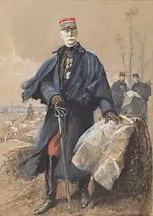 Portrait du Général Galliéni, représenté comme organisateur de la défense de Paris au début de la Première Guerre mondiale, une épée à la main droite et un plan posé sous sa main gauche.