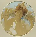 Une jeune femme souriante, l'allégorie du jour, est représentée en buste, de face, tenant une guirlande en feuillages, devant le ciel, dans un médaillon.