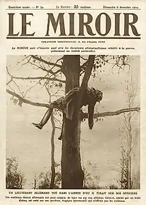 Une du no&nbsp;54, 6 décembre 1914 : corps d'un lieutenant allemand dans un arbre.