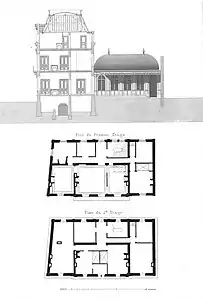 Vue de coupe et plans du premier et deuxième étages.