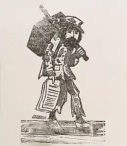 "Le philosophe Grosperrin vendant sa complainte", caricature (gravure sur bois) par Jean-Baptiste Côté, Journal La Scie (Québec), samedi 21 janvier 1865, p.&nbsp;1