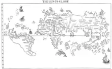 Carte du monde grossièrement dessinée, à laquelle manque notamment l'Amérique du Nord, dont l'emplacement est occupé par quelques îles.