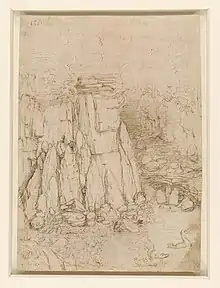 Dessin crayonné représentant un ravin avec de nombreux rochers.