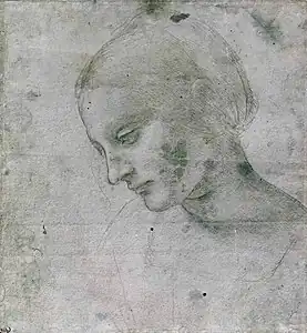 Dessin. Visage de trois quarts d'une femme regardant vers le bas.