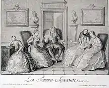 Gravure. Un homme assis pérore entouré de femmes assises.