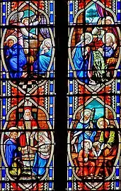 Vitraux de la vie de la Vierge datant du XIXe&nbsp;siècle réalisés par Dagrant.