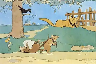 Illustration de la fable de La Fontaine, Les Deux Rats, le Renard et l'Œuf (1924).