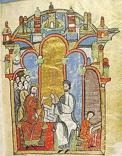 Liber feudorum maior, Ramon de Caldes lisant des documents au roi Alphonse II d'Aragon le Chaste