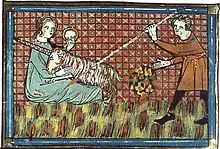 Une licorne aux longs poils est tuée par un chasseur dans les bras d'une femme