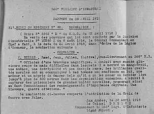 Rapport du 30 avril 1918 concernant la croix de guerre avec palme de René Beille.