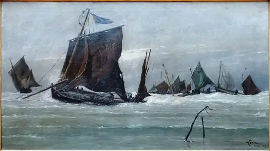 Bateaux de pêche rentrant à Berck (1877), huile sur toile, 127&nbsp;×&nbsp;246&nbsp;cm, Lille, palais des beaux-arts.