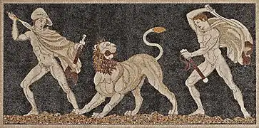 Mosaïque en galets de rivière représentant une chasse au lion à laquelle aurait participé Alexandre. Pella, Grèce, IVe&nbsp;siècle&nbsp;av. J.-C.