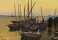 Fishing Boats along the Pier, peinture à l'huile sur toile, sans date