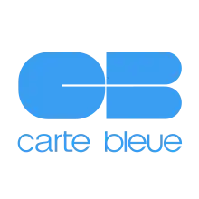Logo du GIE Cartes Bancaires de 1984 à 2015. Représente les lettres C et B au centre, stylisées et dessinées par l'artiste Jean-Marie Chourgnoz. Sous ces lettres, la mention "carte bleue" en minuscule avec une police arrondie.