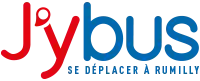 Ancien logo en couleurs du réseau, composé des caractères J'y en rouge et bus en bleu, et de la mention « Se déplacer à Rumilly » en capitales bleues en-dessous.