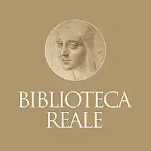 Le dessin est incrusté dans un cercle qui surmonte la mention "BIBLIOTECA REALE"