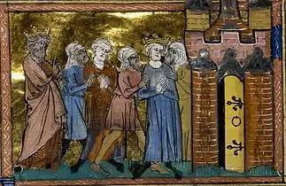 Miniature représentant Louis IX mené captif vers une tour.