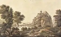 Peinture d'une forteresse bâtie sur un éperon rocheux