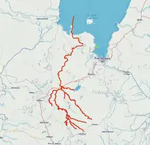Carte du sud du lac Tana mettant en évidence le cours du Gilgel Abay et de ses principaux affluents.