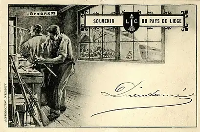 Armuriers, Souvenir du pays de Liège, 1902-1903 (Carte postale ; 9 × 14 cm), Liège, Musée de la Vie wallonne