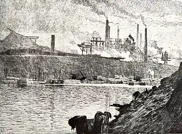 Les terrils nº2, avant 1923 (Gravure ; photographie de la reproduction  imprimée dans L'École de Gravure de Liège de Sander Pierron en 1923)