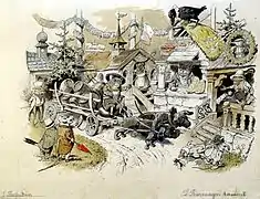 «&nbsp;La voiture à bière arrive&nbsp;! », aquarelle de Ludwig Bechstein (vers 1875)
