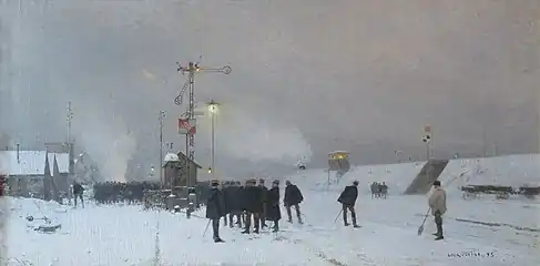 Peinture de militaires attendant le train dans la neige au crépuscule.