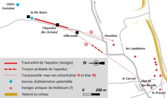 Tracé d'un aqueduc antique reporté sur un plan moderne.