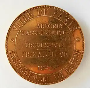 Ville de Paris, enseignement du dessin, 1887, médaille en cuivre, 50&nbsp;mm, 62&nbsp;g, revers.