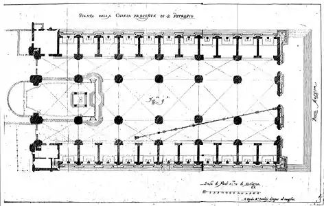 Plan au sol de la ligne méridienne, passage au plus juste entre les piliers.