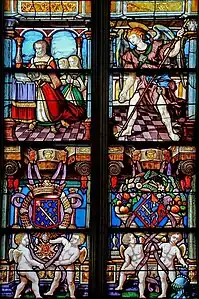 La chapelle d'Anjou : Gabrielle de Mareuil et ses deux filles présentées par l'archange Gabriel  (baie no&nbsp;8), en 2005.