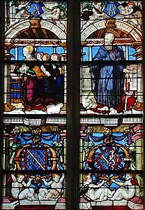 La chapelle d'Anjou : Antoinette de Chabannes et ses quatre filles présentées par saint Antoine (baie no&nbsp;6), en 2005.
