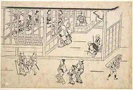 Dessin de Moronobu représentant une scène de rue dans le quartier de Yoshiwara à Edo vers 1860.
