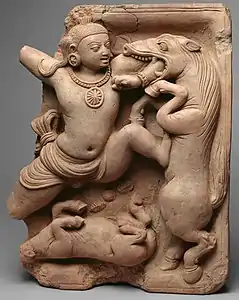 Relief en terre cuite Gupta, Krishna tuant le démon cheval Keshi, Ve&nbsp;siècle