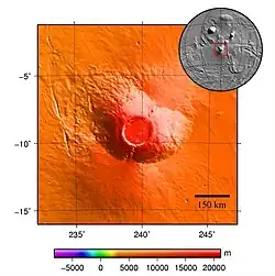 Arsia Mons, un volcan bouclier d'environ 435&nbsp;km de diamètre pour 9&nbsp;km de haut avec une énorme caldeira de 110&nbsp;km de diamètre à 16&nbsp;km d'altitude ; c'est le plus méridional des trois volcans des Tharsis Montes.