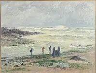 Des pêcheurs ramassent des goëmons sur le littoral, la mer est déchaînée.