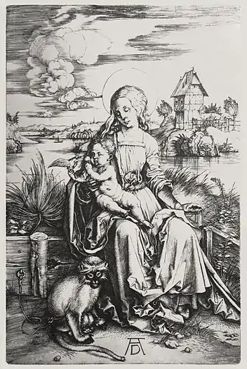 7.  Albrecht Dürer, Madone au singe, s. d. [1498], pointe sèche avec monogramme, 19,1&nbsp;×&nbsp;12,4&nbsp;cm.