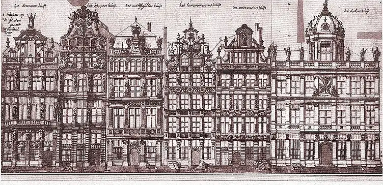 La Maison du Renard (première à gauche) et ses voisines.Dessin de Ferdinand-Joseph Derons (1727).