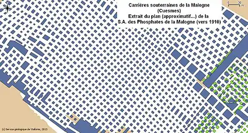 Carrières souterraines de la Malogne (Cuesmes). Extrait d'un plan montrant la méthode d'exploitation par chambres et piliers abandonnés (vers 1910).