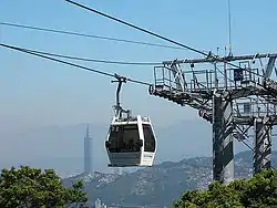Cabine sur la ligne avec vue sur la Taipei 101 au fond.