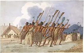 Le haka, danse rituelle māori, gravure du XIXe&nbsp;siècle