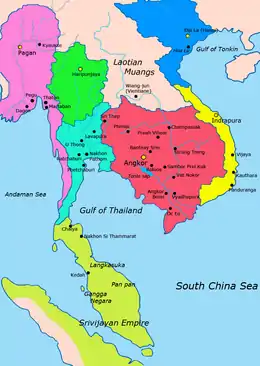 Asie du Sud-Est au XIe&nbsp;siècleRouge : Empire khmer Rose : Royaume de PaganVert : Hariphunchai Bleu clair : Royaume de Lavo Jaune : Champa Bleu : Dai VietVert pâle : Srivijaya