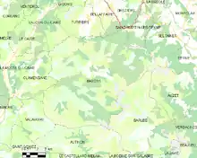  Carte élémentaire montrant les limites de la commune, les communes voisines, les zones de végétation et les routes