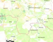 Carte montrant le territoire de la commune et les localités limitrophes.