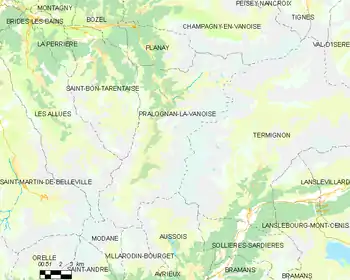 Carte montrant Pralognan-la-Vanoise et les communes voisines.
