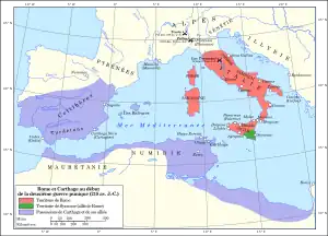 Carte de situation des deux puissances de la Méditerranée occidentale avant le début de la seconde guerre punique